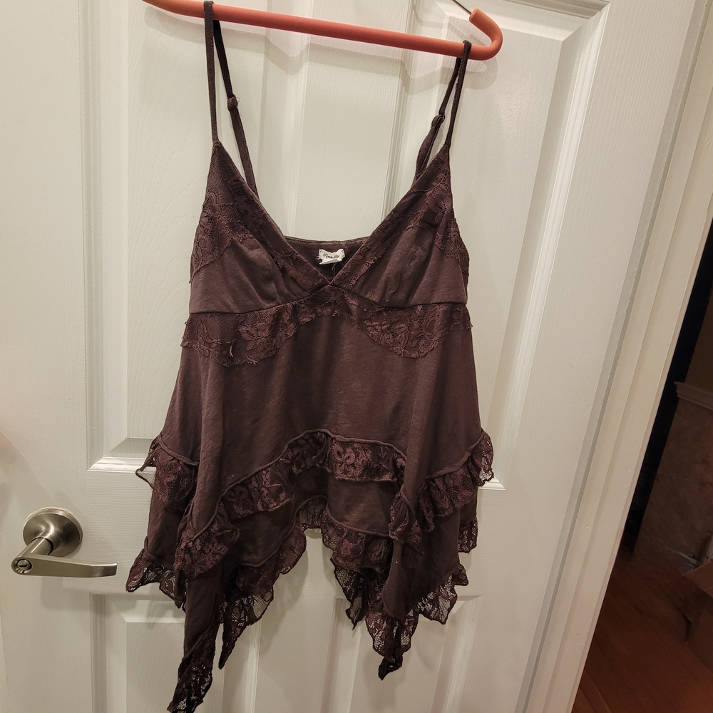 BNWT Kimchi Blue Asterid Lace Trim Asymmetric Babydoll Cami - Brown